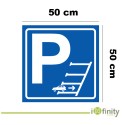 Panneau de stationnement bleu avec voiture.